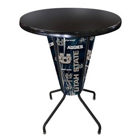 L218 Utah State University 42" Tall - 36" Indoor/Outdoor Black Steel Top Lighted Pub Table with Black Wrinkle Finish, L218B42UtahStOD36RBlkStl