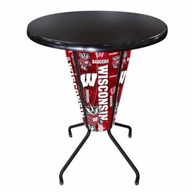 L218 University of Wisconsin 42" Tall - 36" Indoor/Outdoor Black Steel Top Lighted Pub Table with Black Wrinkle Finish, L218B42WisconOD36RBlkStl