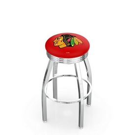 L8C3C - Chrome Chicago Blackhawks Swivel Bar Stool with 2.5 Ribbed Accent Ring by Holland Bar Stool Company