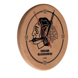 Chicago Blackhawks Laser Engraved Wood Clock by the Holland Bar Stool Co., WClkLNatChiHwk