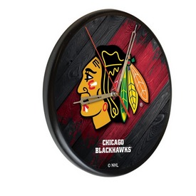 Chicago Blackhawks Digitally Printed Wood Clock by the Holland Bar Stool Co., WClkPBlkChiHwk