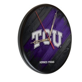TCU Digitally Printed Wood Clock by the Holland Bar Stool Co., WClkPBlkTexChr