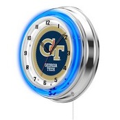 Georgia Tech Double Neon Ring, Logo Clock by Holland Bar Stool Company, ClkGATech