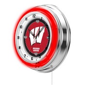 Wisconsin "W" Double Neon Ring, Logo Clock by Holland Bar Stool Company, ClkWisc-W