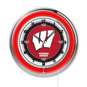 Wisconsin "W" Double Neon Ring, Logo Clock by Holland Bar Stool Company, ClkWisc-W