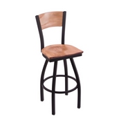 L038 Long Beach State University 25" Swivel Counter Stool with Black Wrinkle Finish and a Laser Engraved Back - Wood Seat, L03825BWMedMplALBStUnMedMpl