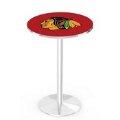 L214 Chicago Blackhawks Pub Table with Chrome Finish by Holland Bar Stool Co., AGS-L214C3630ChiHwk-R