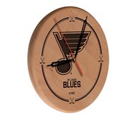 St Louis Blues Laser Engraved Wood Clock by the Holland Bar Stool Co., WClkLNatSTLBlu