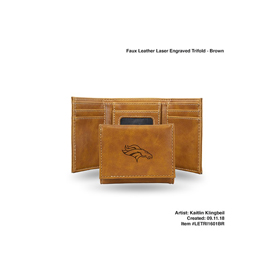 Broncos Brown Faux Leather Laser Engraved Trifold With Black Logo, LETRI1601BR