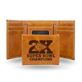 Chiefs 2 Time Super Bowl Champions Laser Engraved Trifold Wallet - Brown, LETRI27SB2TBR