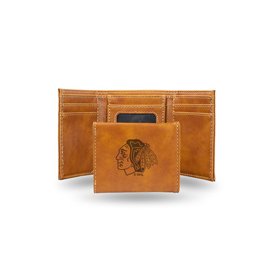 Blackhawks  Laser Engraved Brown Trifold Wallet, LETRI7701BR