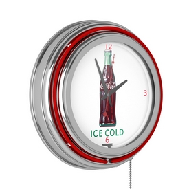 Coca Cola Ice Cold Bottle Neon Clock - 14 inch Diameter, coke-1400-v8-B