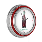 Coca Cola Ice Cold Bottle Neon Clock - 14 inch Diameter, coke-1400-v8-B