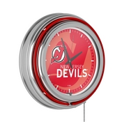 NHL Chrome Double Rung Neon Clock - Watermark - New Jersey Devils, NHL1400-NJD-WM